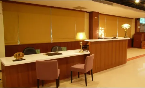 The lobby outside the restaurant service classroom, where students practice greeting and reception skills.